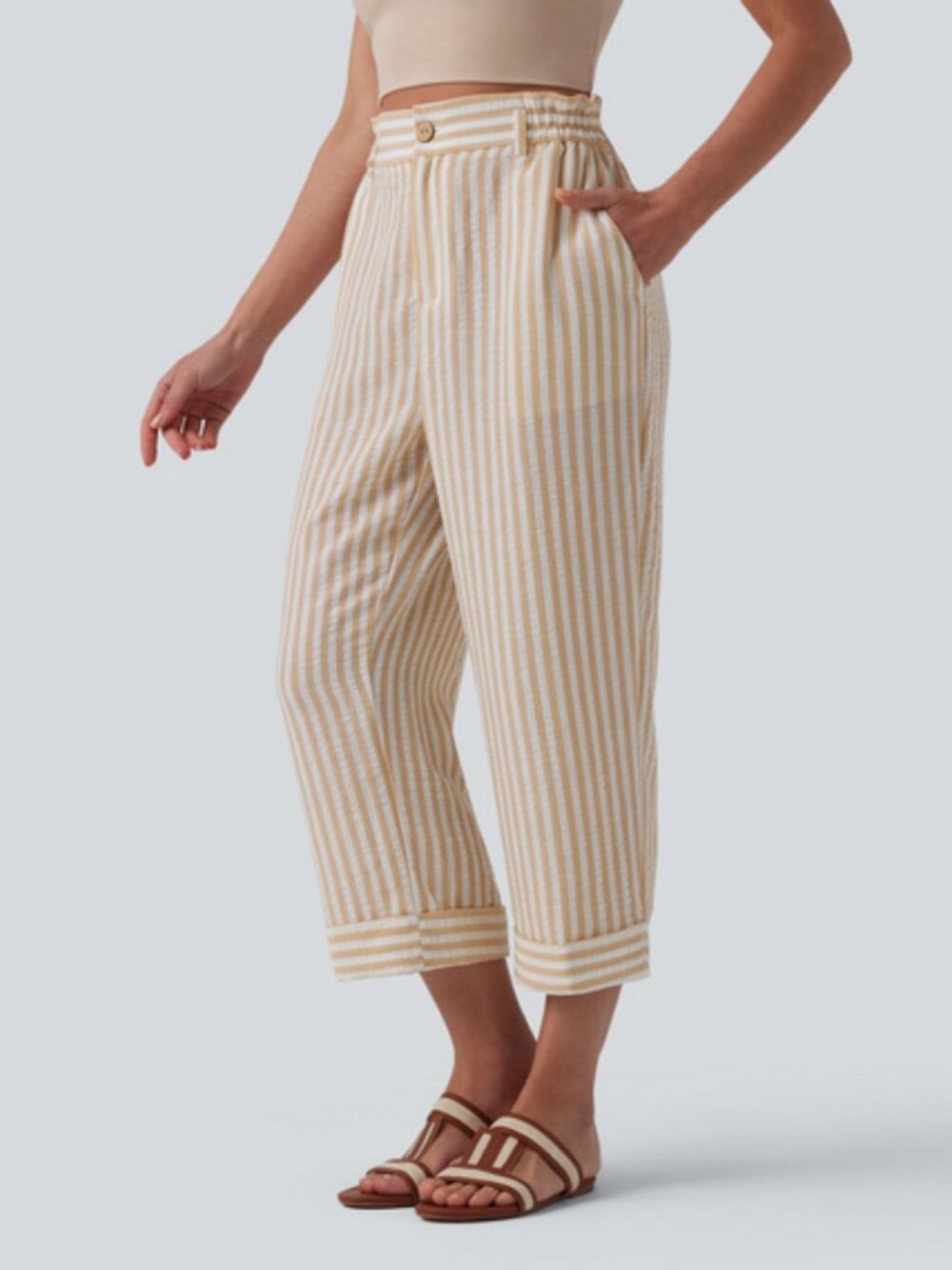 Halara High Waisted Stripe Cropped Casual Linen Feel Pants Large New